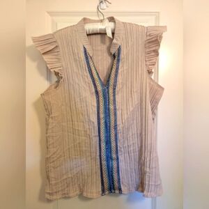 ☀️3/$15 Mix & Match☀️ Cream Sleeveless Blouse Pleated Ruffles, Crochet Overlet